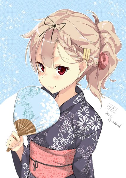 Anime picture 900x1272 with kantai collection yuudachi destroyer nishimi shin single long hair tall image looking at viewer blush fringe blonde hair smile red eyes holding signed ponytail braid (braids) traditional clothes japanese clothes hair flower single braid