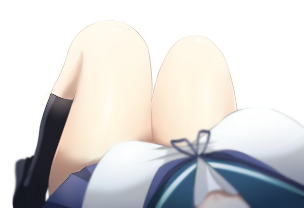 Anime picture 1750x1200 with kantai collection ushio destroyer ohiya single highres breasts light erotic simple background large breasts white background bent knee (knees) lying blurry on back legs head out of frame girl skirt uniform socks