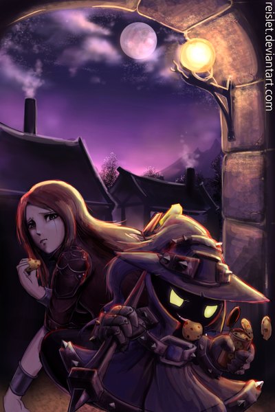 Anime picture 1200x1800 with league of legends katarina (league of legends) veigar (league of legends) reislet long hair tall image looking at viewer smile sitting green eyes yellow eyes red hair scar smoke eating frown girl boy gloves plant (plants)