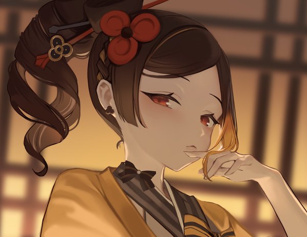 Anime picture 3420x2645 with genshin impact chiori (genshin impact) seorang single looking at viewer highres short hair red eyes brown hair absurdres upper body side ponytail drill hair hand to mouth girl hair ornament earrings stud earrings kanzashi hairpin (hairpins)