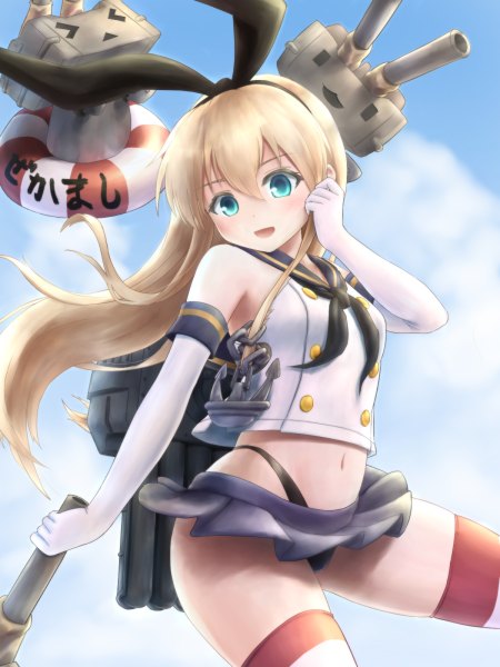 Anime picture 900x1200 with kantai collection shimakaze destroyer rensouhou-chan terawamu single long hair tall image light erotic blonde hair bare shoulders holding sky cloud (clouds) pleated skirt aqua eyes midriff adjusting hair looking down girl thighhighs