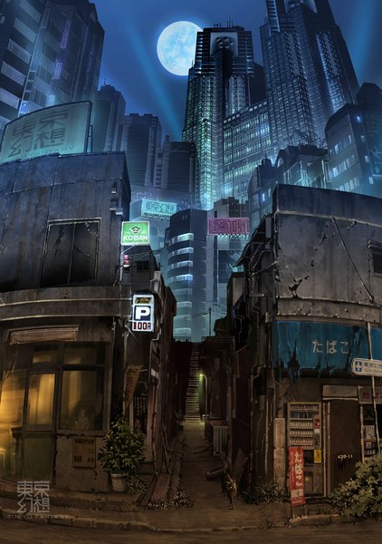 Anime picture 800x1136 with original tokyogenso tall image night city cityscape no people city lights alley plant (plants) building (buildings) moon