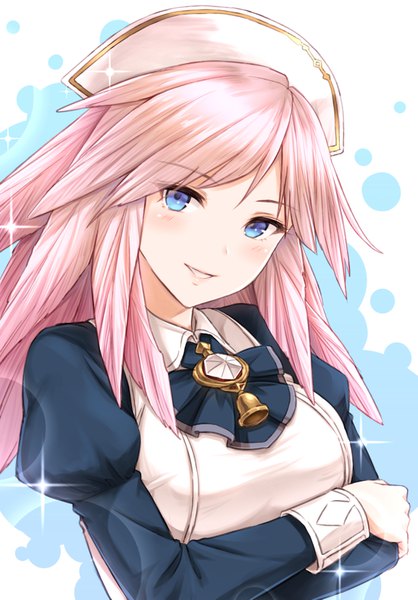 Anime picture 1153x1653 with granblue fantasy gabriel (granblue fantasy) tomo (tmtm mf mf) single long hair tall image looking at viewer blush blue eyes pink hair upper body sparkle crossed arms bell collar girl headdress bell sleeve cuffs