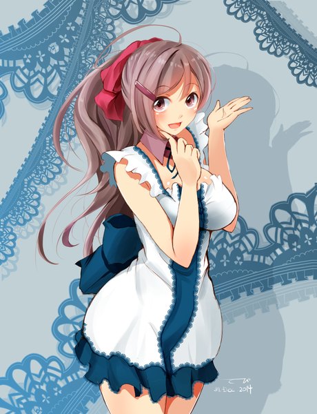 Anime picture 1534x2000 with kantai collection mamiya food supply ship tebi (tbd11) single long hair tall image looking at viewer blush fringe open mouth brown hair standing brown eyes ponytail from above happy girl dress bow ribbon (ribbons)