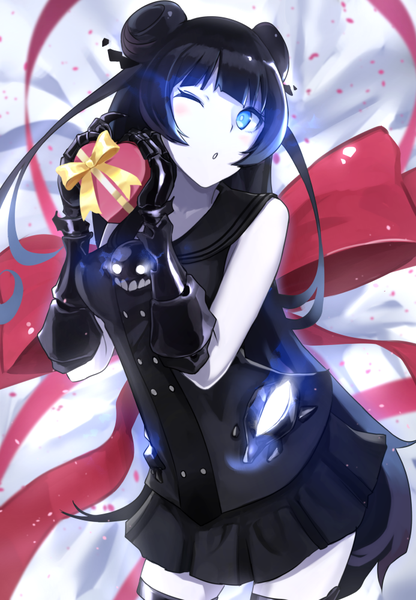 Anime picture 693x1000 with kantai collection light cruiser oni weasel (close-to-the-edge) single long hair tall image fringe breasts open mouth blue eyes black hair looking away blunt bangs one eye closed wink leaning zettai ryouiki leaning forward glowing glowing eye (eyes)