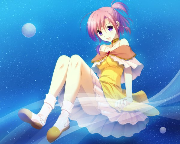 Anime picture 1000x800 with original takepon (artist) single looking at viewer short hair open mouth purple eyes bare shoulders pink hair night girl dress choker boots