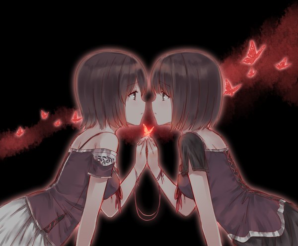 Anime picture 1500x1241 with fatal frame amakura mio amakura mayu hiten (hitenkei) fringe short hair open mouth black hair bare shoulders multiple girls profile black eyes shoujo ai face to face eye contact butterfly on hand girl skirt 2 girls insect