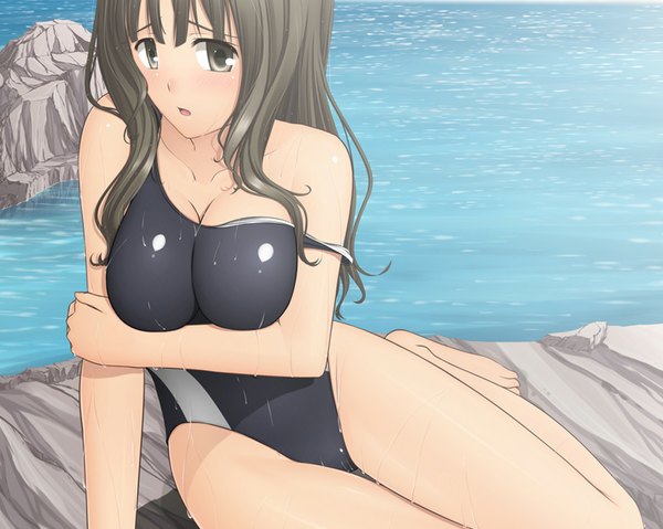 Anime picture 1024x819 with hanasaku iroha p.a. works oshimizu nako single long hair blush breasts open mouth light erotic black hair large breasts bare shoulders brown eyes barefoot wet swimsuit