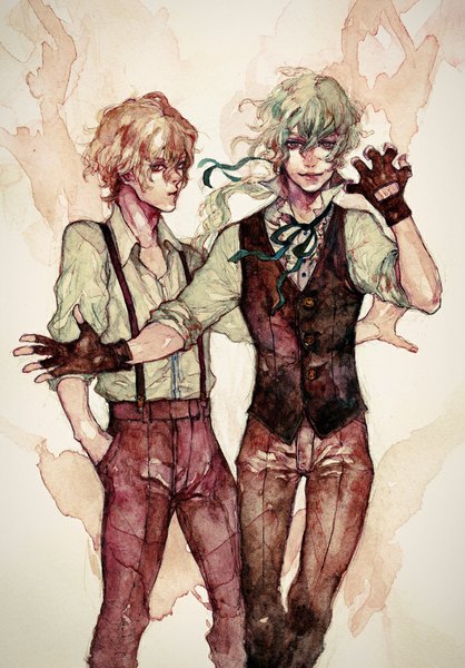 Anime picture 700x1005 with sound horizon roman minato.666 long hair tall image looking at viewer short hair blonde hair brown eyes green eyes green hair multiple boys outstretched arm hand in pocket twisty sleeves traditional media watercolor (medium) boy gloves shirt