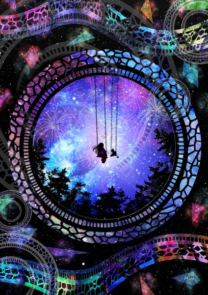 Anime picture 2894x4093 with original mitoxxasxx long hair tall image highres japanese clothes back silhouette fireworks girl animal kimono cat swing