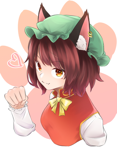 Anime picture 801x1043 with touhou chen gunsou1350 single tall image looking at viewer short hair smile brown hair brown eyes animal ears upper body cat ears fang (fangs) paw pose girl hat bonnet