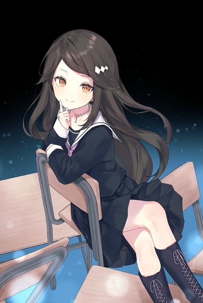 Anime picture 871x1298 with forever 7th capital antoneva silltare single long hair tall image looking at viewer fringe black hair smile sitting mole orange eyes mole under eye crossed legs finger to mouth girl uniform choker serafuku