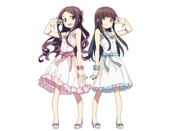 Anime picture 4000x3000 with claris (group) claris long hair looking at viewer blush highres open mouth simple background white background multiple girls brown eyes nail polish wrist scrunchie girl dress bow ribbon (ribbons) 2 girls hair bow hair ribbon