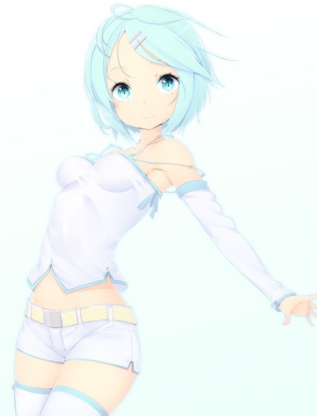 Anime picture 950x1243 with original zizi (zz22) single tall image looking at viewer short hair blue eyes smile bare shoulders blue hair girl thighhighs navel detached sleeves white thighhighs shorts white shorts