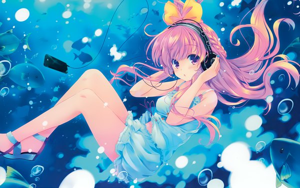 Anime picture 4260x2673 with original ohara tometa single long hair looking at viewer blush highres purple eyes pink hair absurdres bent knee (knees) braid (braids) nail polish parted lips fingernails :o side braid underwater girl dress