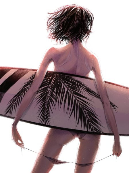 Anime picture 1000x1336 with original sousou (sousouworks) single tall image short hair light erotic simple background brown hair white background bare shoulders from behind bare back girl swimsuit bikini surfboard