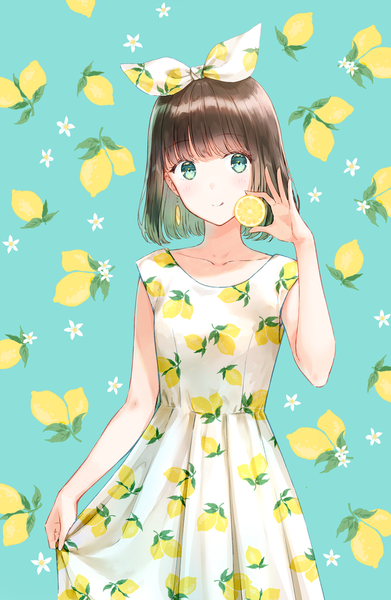 Anime picture 652x1000 with original hiten (hitenkei) single tall image looking at viewer blush fringe short hair simple background brown hair standing holding aqua eyes sleeveless blue background dress lift :q food print lemon print girl