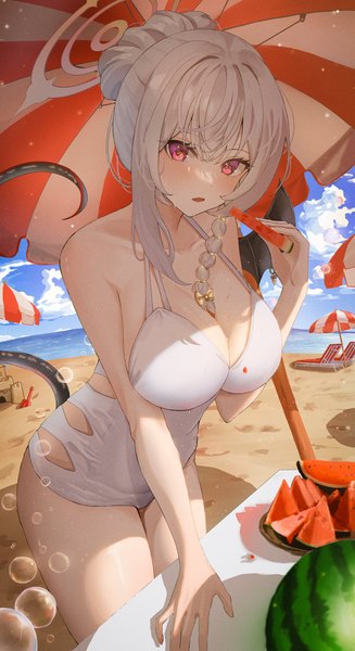 Anime picture 2232x4096 with blue archive haruna (blue archive) haruna (swimsuit) (blue archive) rega single long hair tall image looking at viewer fringe highres breasts light erotic hair between eyes large breasts silver hair outdoors tail pink eyes hair bun (hair buns) beach