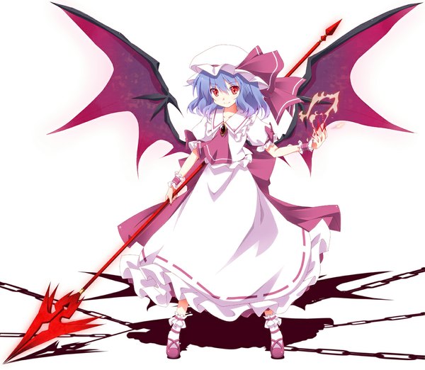 Anime picture 1100x957 with touhou remilia scarlet kurono yuzuko short hair simple background red eyes white background blue hair full body light smile bat wings girl wings cap spear spear the gungnir