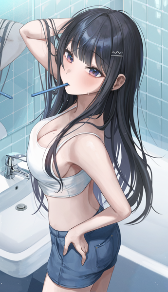 Anime-Bild 2243x3899 mit original myowa single long hair tall image looking at viewer blush fringe highres breasts light erotic black hair large breasts standing purple eyes bare shoulders cleavage blunt bangs arm up from above