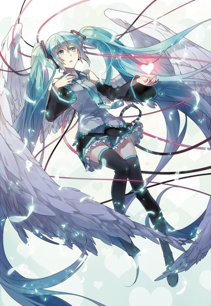 Anime picture 899x1300 with vocaloid hatsune miku rella single tall image blush open mouth twintails bare shoulders looking away very long hair aqua eyes aqua hair zettai ryouiki hand on chest flying angel wings girl thighhighs skirt