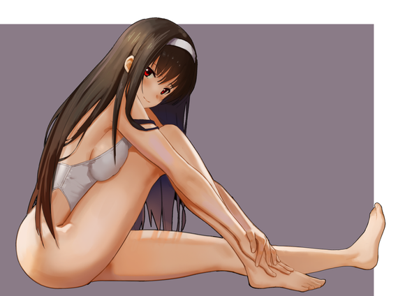 Anime picture 1300x919 with saenai heroine no sodatekata a-1 pictures kasumigaoka utaha seinen single long hair looking at viewer blush fringe breasts light erotic simple background smile red eyes brown hair sitting bent knee (knees) barefoot bare legs leaning