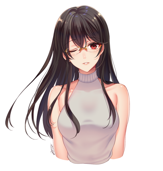 Anime picture 815x856 with original milcho single long hair tall image looking at viewer blush fringe breasts black hair simple background hair between eyes red eyes white background bare shoulders signed parted lips head tilt one eye closed light smile