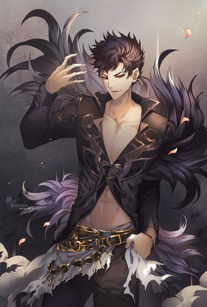 Anime picture 742x1100 with granblue fantasy belial (granblue fantasy) darkavey single tall image short hair black hair red eyes standing signed arm up groin hand in pocket boy belt
