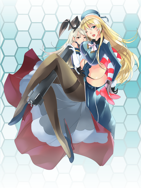 Anime picture 960x1280 with kantai collection shimakaze destroyer atago heavy cruiser ohland long hair tall image looking at viewer blush breasts open mouth blue eyes light erotic blonde hair large breasts bare shoulders multiple girls brown eyes animal ears full body ass