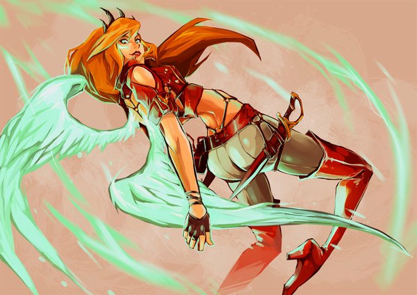 Anime picture 1024x724 with oocherry_chanoo single long hair looking at viewer simple background smile green eyes bent knee (knees) looking back lips orange hair midriff high heels leg lift (legs lift) arched back arm behind back girl gloves weapon wings