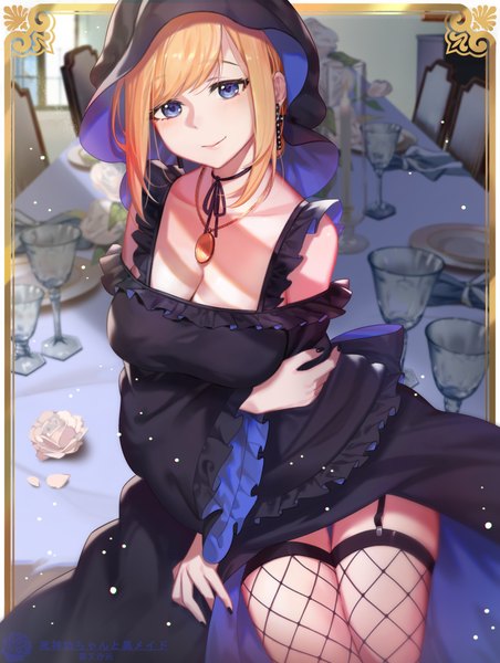 Anime picture 1020x1354 with shinigami bocchan to kuro maid alice (shinigami bocchan to kuro maid) peach luo single tall image short hair breasts blue eyes light erotic blonde hair smile large breasts sitting cleavage indoors nail polish framed breast hold girl thighhighs