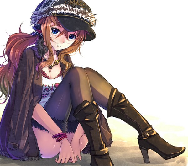 Anime picture 1000x882 with original xia you qing suikakitsu shiro single long hair looking at viewer blush breasts blue eyes light erotic brown hair sitting cleavage open clothes open jacket high heels fur trim side ponytail girl thighhighs