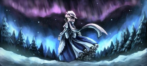 Anime picture 2032x918 with touhou letty whiterock paseri single highres short hair blue eyes wide image pink hair sky night snowing snow aurora borealis girl dress bow hat tree (trees) star (stars)