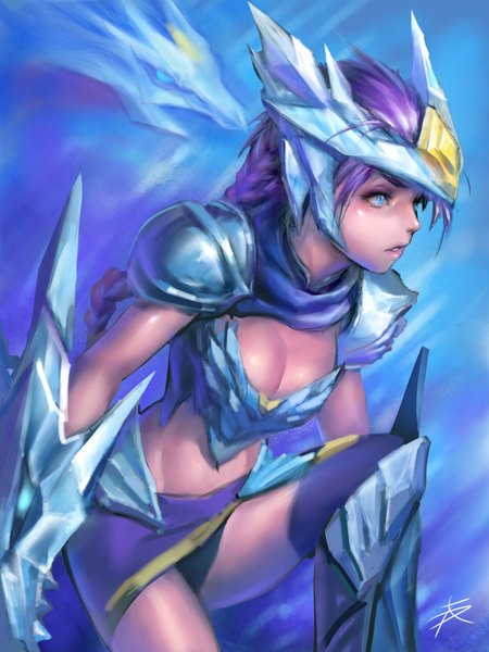 Anime picture 1536x2048 with league of legends shyvana (league of legends) phantom (ptcrow) single long hair tall image breasts open mouth blue eyes light erotic signed looking away cleavage purple hair bent knee (knees) braid (braids) lips bare belly groin girl