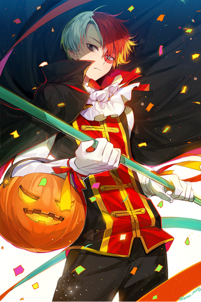 Anime picture 600x901 with boku no hero academia studio bones todoroki shouto bosack single tall image looking at viewer short hair holding signed white hair red hair multicolored hair two-tone hair from below twitter username heterochromia scar shaded face halloween