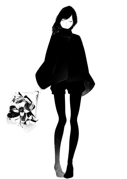 Anime picture 1000x1414 with original sousou (sousouworks) single long hair tall image black hair simple background standing white background holding full body eyes closed monochrome casual girl flower (flowers) pantyhose shorts bouquet poncho