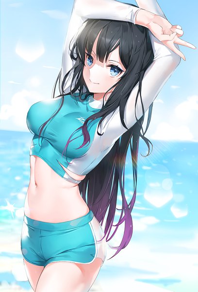 Anime picture 700x1029 with original emyo single long hair tall image looking at viewer blush fringe breasts blue eyes black hair smile standing payot sky cloud (clouds) outdoors blurry arms up bare belly