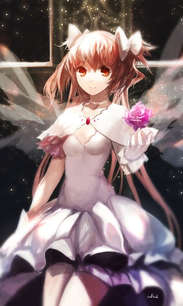 Anime picture 850x1417 with mahou shoujo madoka magica shaft (studio) kaname madoka goddess madoka swd3e2 single long hair tall image looking at viewer smile red eyes twintails signed pink hair girl thighhighs dress gloves flower (flowers) bow