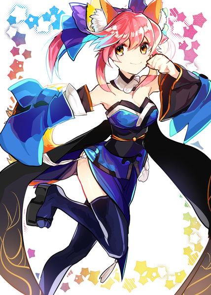 Anime picture 1000x1400 with fate (series) fate/extra tamamo (fate) (all) tamamo no mae (fate) tarishite (appolite01) single long hair tall image looking at viewer fringe simple background smile hair between eyes standing white background bare shoulders animal ears yellow eyes payot pink hair