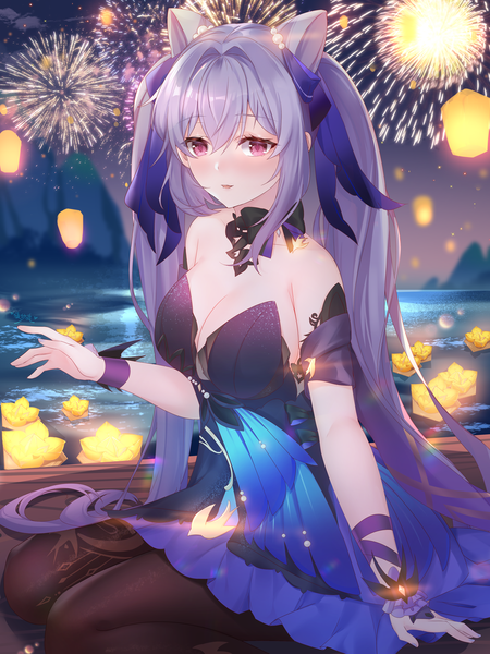 Anime picture 1600x2133 with genshin impact keqing (genshin impact) keqing (opulent splendor) (genshin impact) lingshalan single long hair tall image looking at viewer blush fringe breasts open mouth light erotic hair between eyes large breasts sitting purple eyes twintails bare shoulders payot