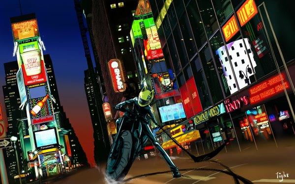 Anime picture 1440x900 with durarara!! brains base (studio) celty sturluson lightofheaven wide image animal ears city city lights weapon bodysuit motorcycle