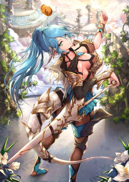 Anime picture 955x1351 with original yue ying jin feng single long hair tall image looking at viewer fringe breasts light erotic hair between eyes large breasts standing blue hair full body outdoors ponytail tail horn (horns) aqua eyes from above