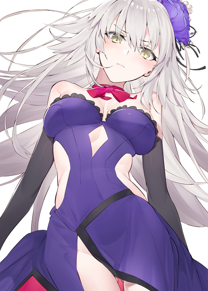 Anime picture 812x1136 with fate (series) jeanne d'arc (fate) (all) jeanne d'arc alter (fate) hayashi kewi single long hair tall image looking at viewer blush fringe breasts light erotic simple background hair between eyes white background bare shoulders yellow eyes silver hair from below no panties
