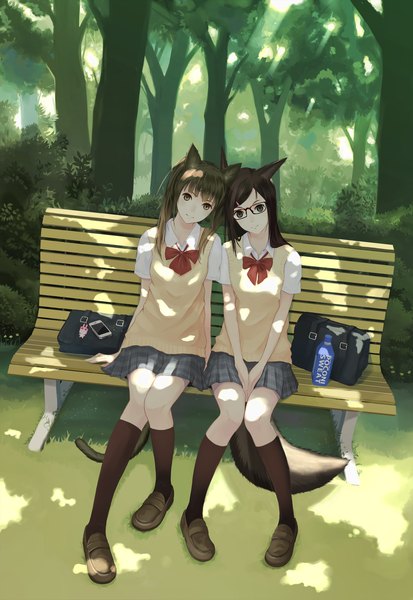 Anime picture 2460x3572 with original tou tall image looking at viewer highres brown hair sitting multiple girls brown eyes animal ears light smile black eyes cat ears cat girl cat tail girl skirt uniform 2 girls plant (plants)