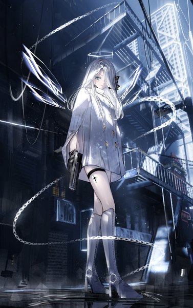 Anime picture 2575x4096 with original nanaponi single long hair tall image looking at viewer fringe highres standing holding full body outdoors white hair aqua eyes hair over one eye from below high heels city cityscape expressionless