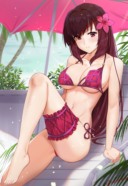 イラスト 1380x2000 と Fateシリーズ fate/grand order scathach (fate) (all) スカサハ(水着) sendrawz ソロ 長髪 長身像 カメラ目線 赤面 前髪 おっぱい light erotic hair between eyes 赤い目 大きな乳房 座る 肩出し cleavage purple hair