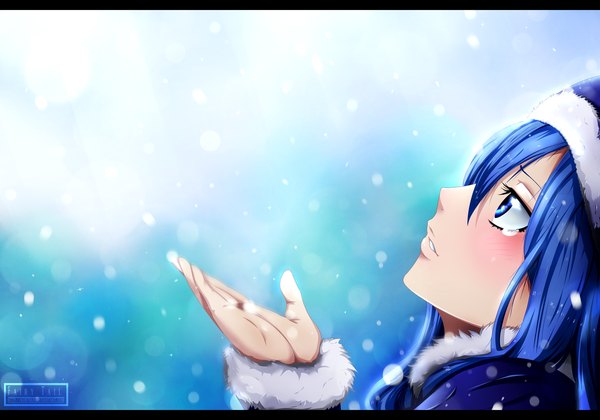 Anime picture 3000x2100 with fairy tail juvia lockser kortrex single long hair highres blue eyes blue hair profile sunlight fur trim coloring snowing letterboxed looking up girl fur cap winter clothes