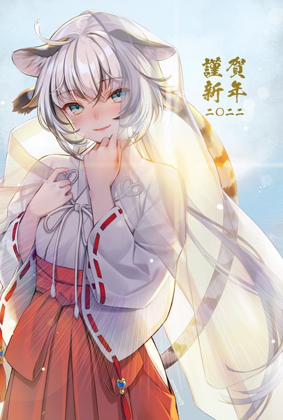 Anime picture 811x1200 with original geroro single tall image looking at viewer blush fringe short hair open mouth blue eyes smile hair between eyes animal ears silver hair ahoge tail traditional clothes head tilt japanese clothes animal tail