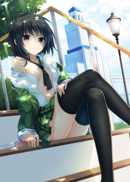 Anime picture 2593x3625 with boku wa tomodachi ga sukunai mikazuki yozora tagme (artist) single tall image looking at viewer blush highres short hair breasts light erotic black hair sitting purple eyes open clothes open shirt crossed legs girl thighhighs black thighhighs