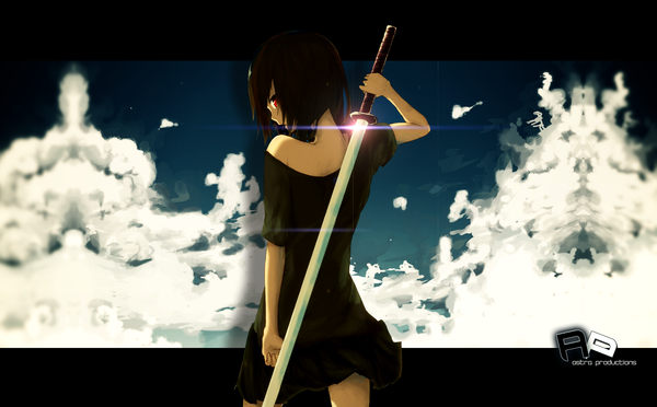 Anime picture 3198x1984 with original la-na single highres short hair open mouth black hair red eyes wide image bare shoulders sky cloud (clouds) looking back lens flare back girl dress weapon sword katana